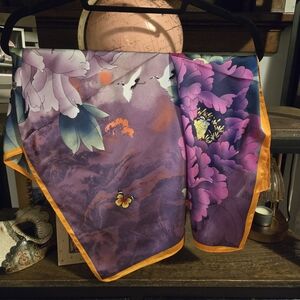 Floral Purple Silk Scarf with Orange Trim